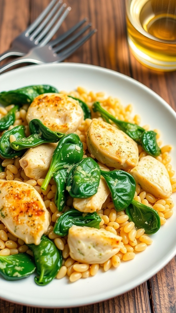Creamy pesto chicken with spinach and orzo served on a plate, garnished with Parmesan cheese.